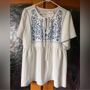 White Embroidered Peasant Blouse with Blue Detail